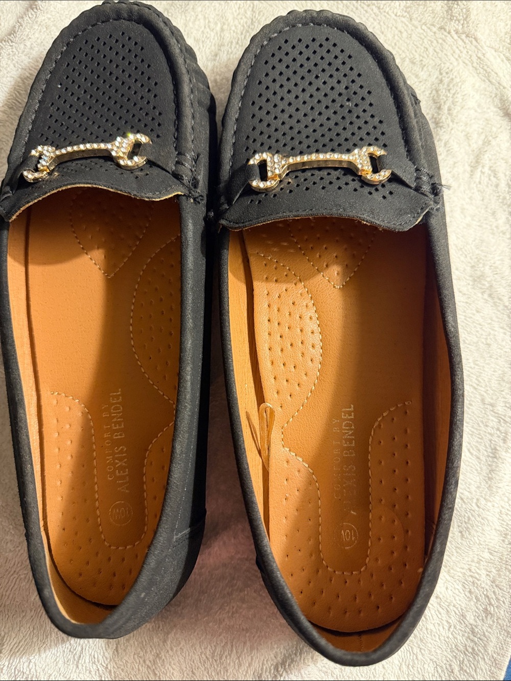 Alexis Bendel Black Perforated Loafers with Gold Accent